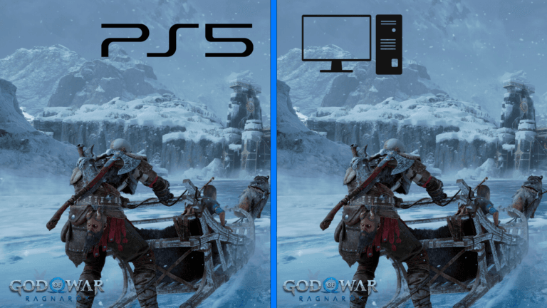 Comparação God of War Ragnarok no PC e no PS5, mostrando semelhanças visuais entre as duas versões.