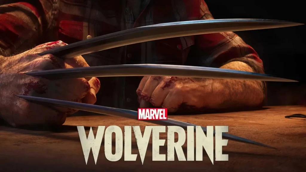 Wolverine com garras afiadas em um ambiente escuro e cheio de destruição