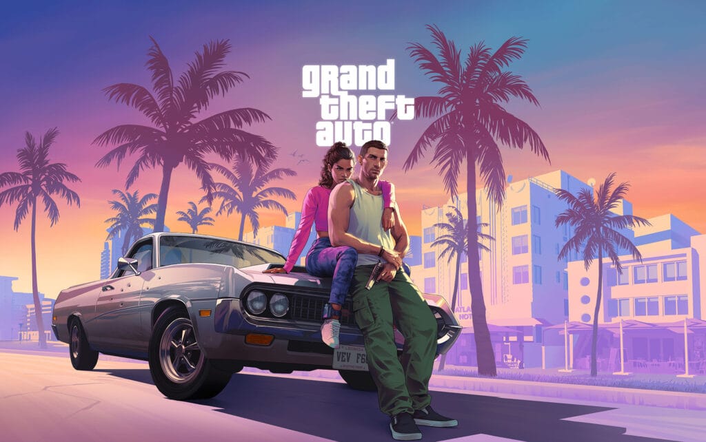 Cena de Vice City em GTA 6 com luzes de neon e carros esportivos