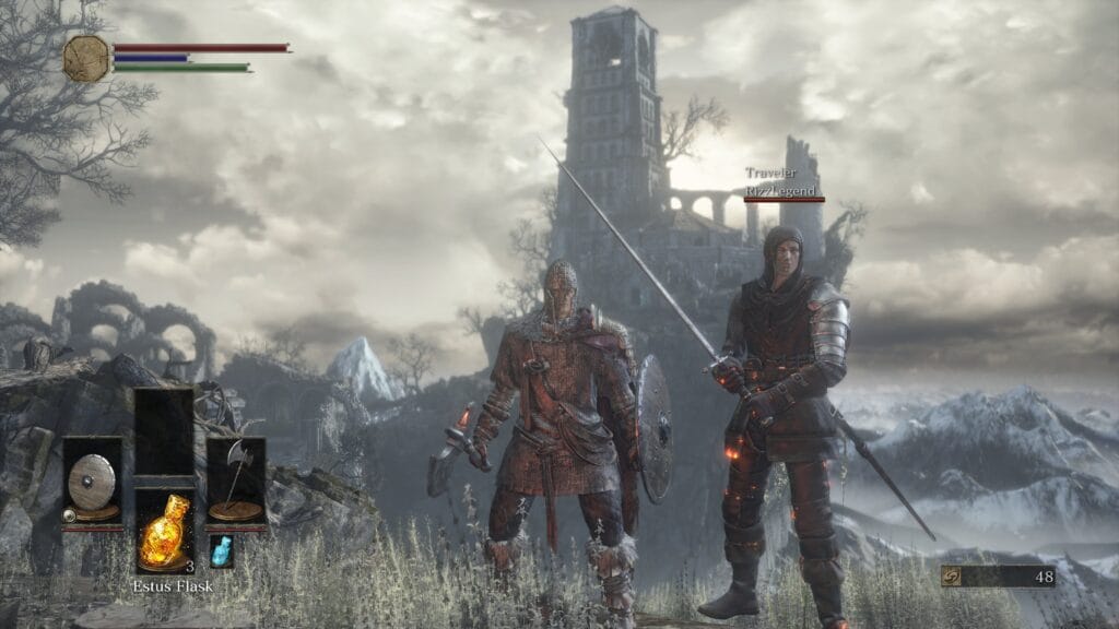 Dois jogadores explorando juntos uma floresta em Dark Souls 3